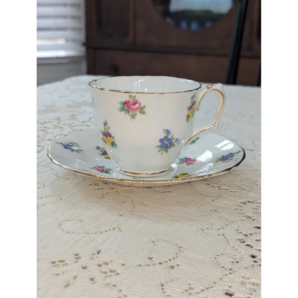 Vintage Tea Cup and Saucer Set White Floral Crown Staffordshire Gold